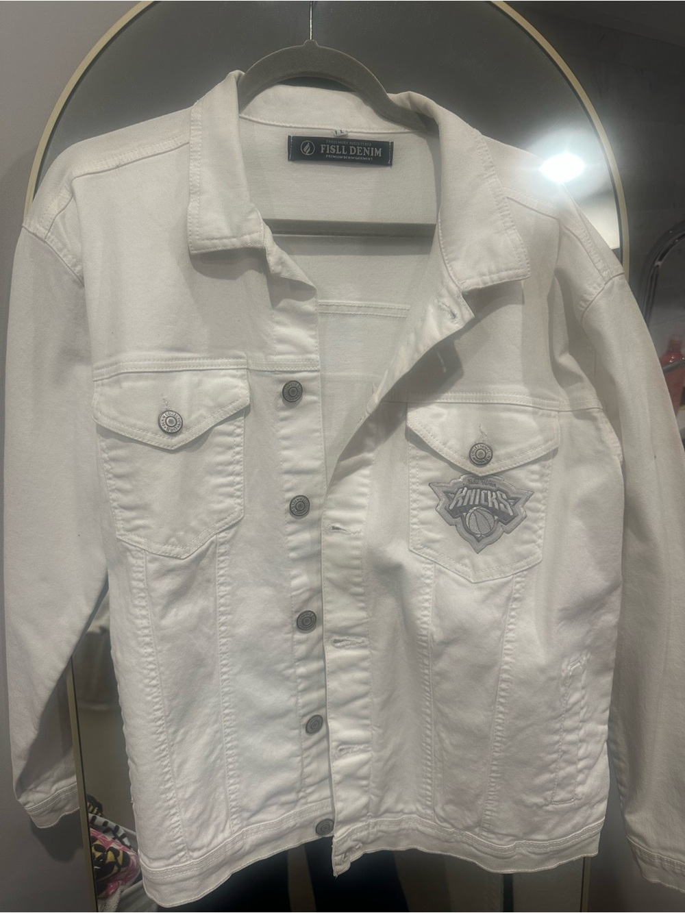 White Women's Denim Jacket with Knicks Patch